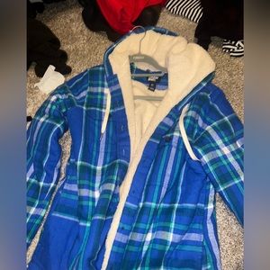 Warm jacket , blue checkered flannel outside fuzzy inside